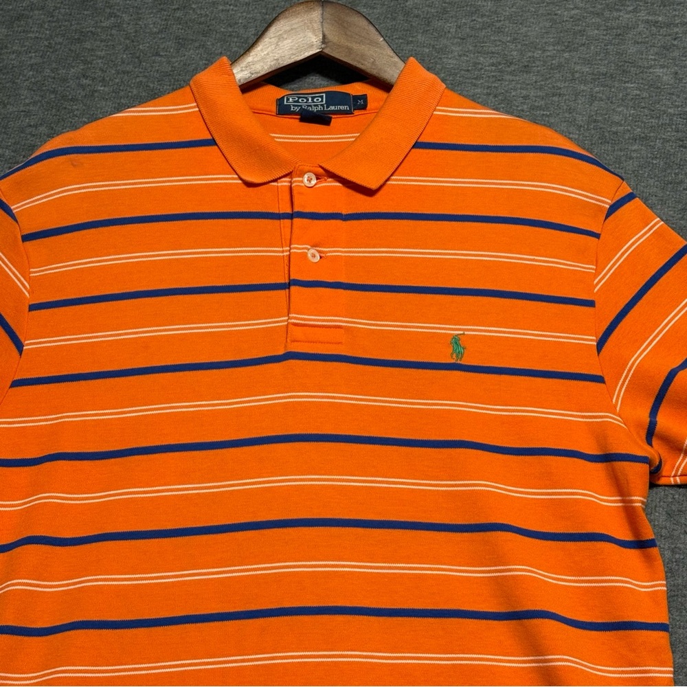 Ralph Lauren Men’s Orange and Blue Striped Polo Short Sleeve Shirt Size M